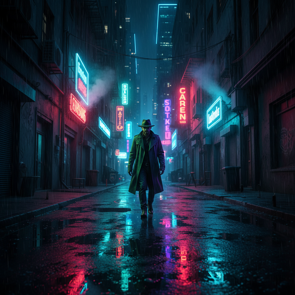 Neo-noir detective scene with vivid colors, modern city, neon-lit alley, detective in colored raincoat