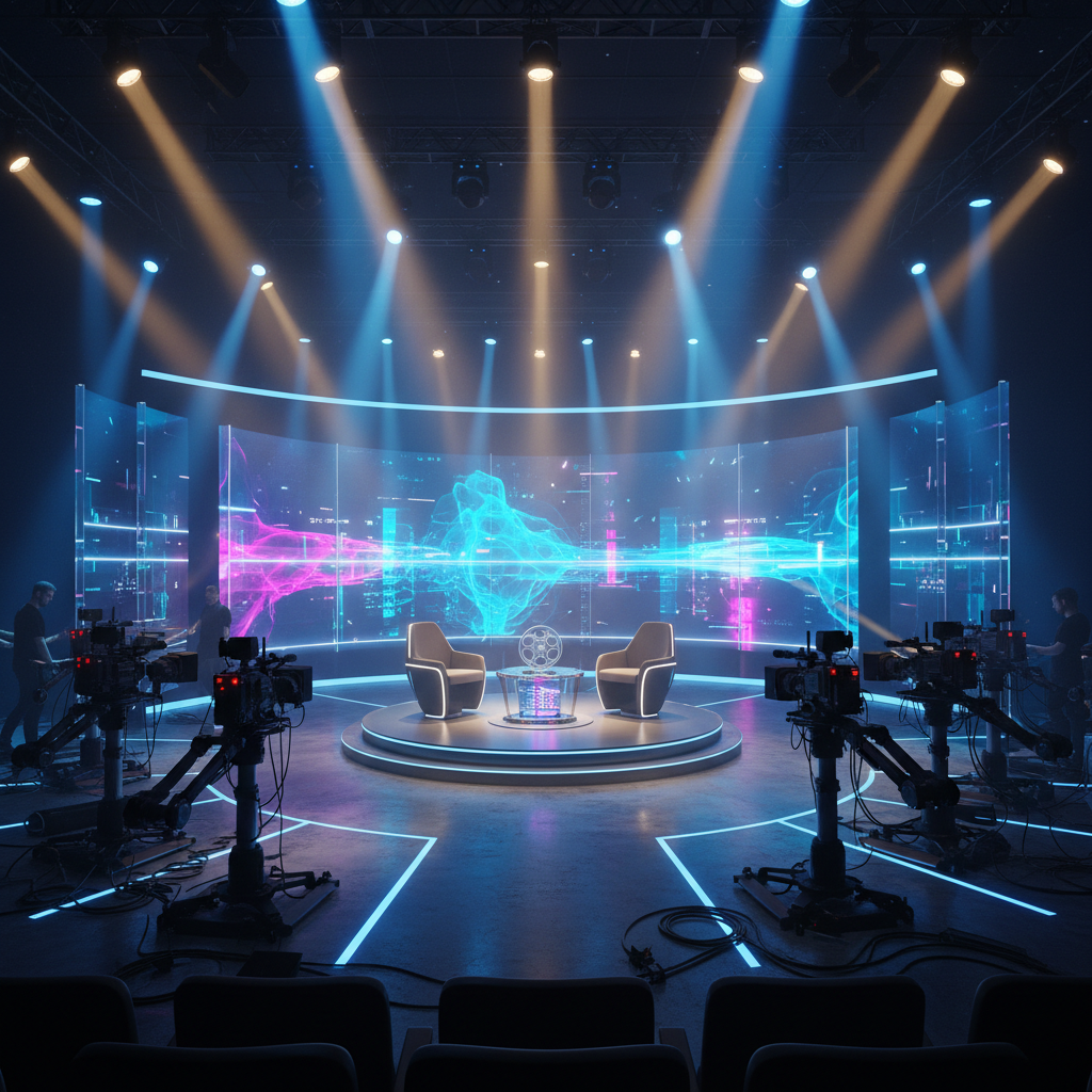 Modern movie interview stage, blend of virtual and live elements, bright lights, multiple cameras, anticipation in the air