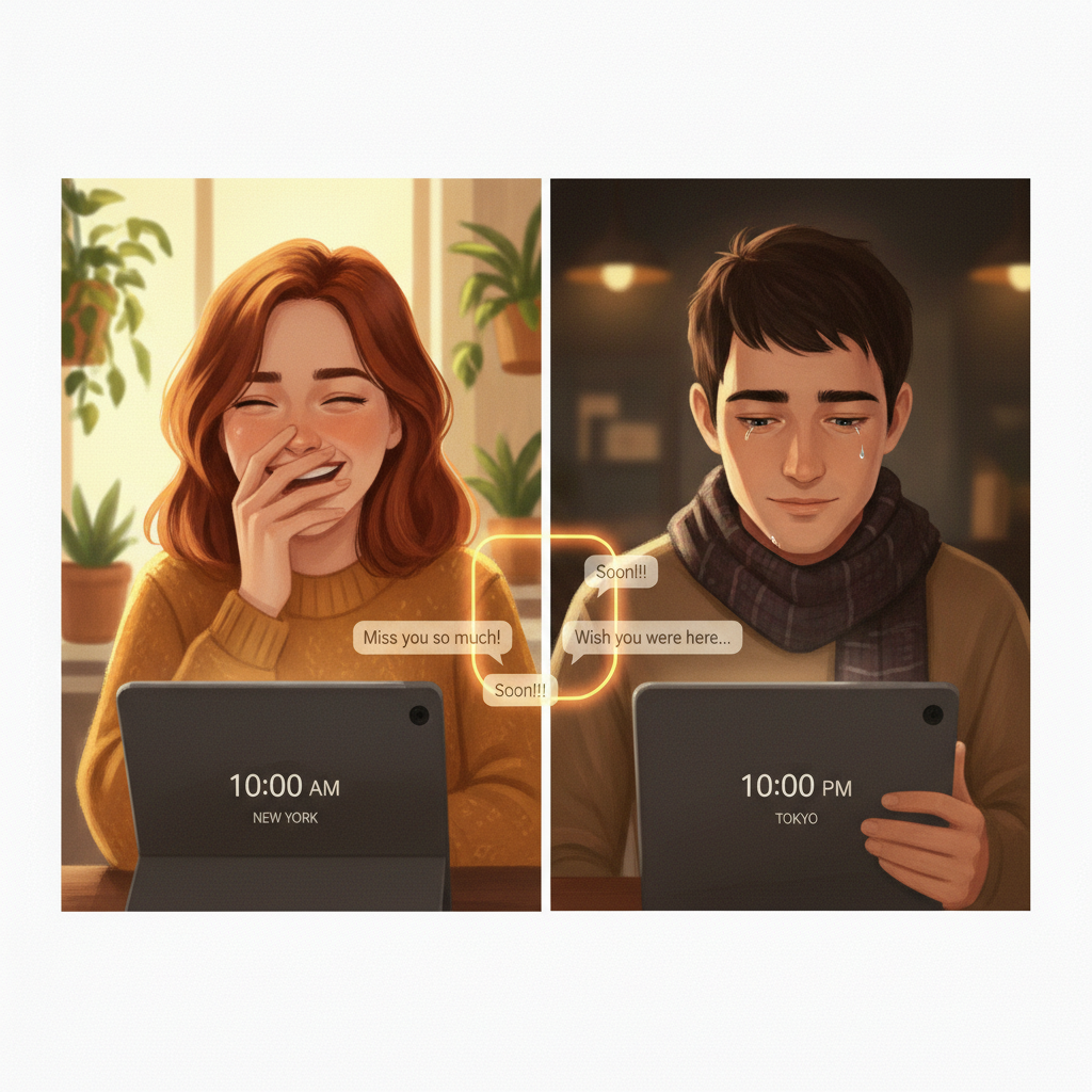 Long-distance couple connecting emotionally through technology, empathy in relationships