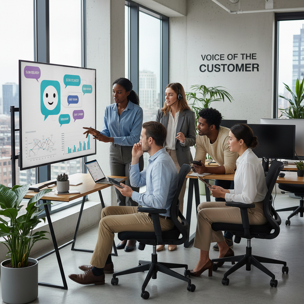 Nowoczesny zespół słuchający opinii klientów przez chatboty i analizujący dane w biurze