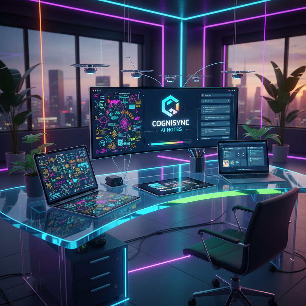 Modern workspace with multiple devices, ai note interface visible, vibrant colors, ai-powered note-taking automation
