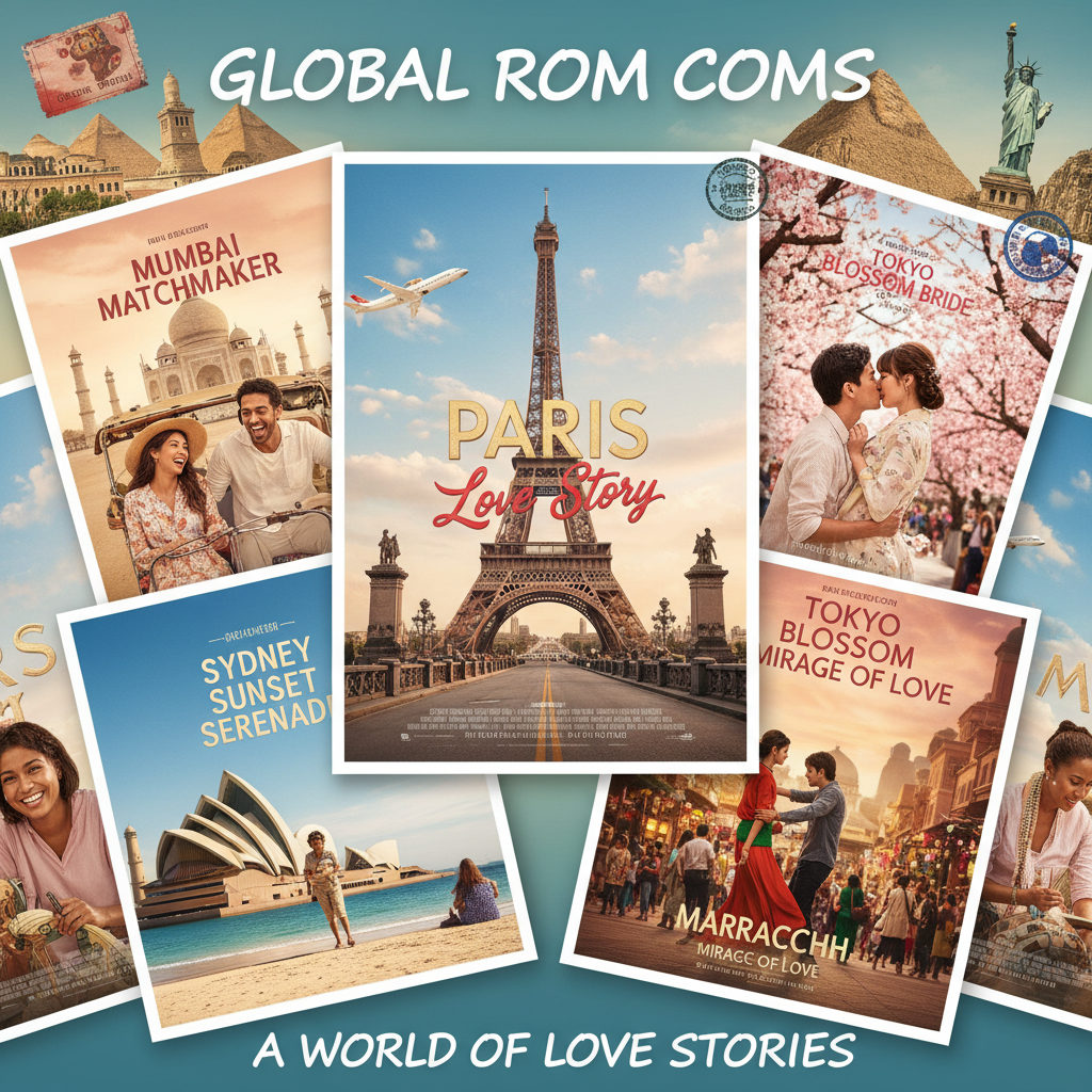Montage of global movie posters from multiple cultures, representing international romantic comedies