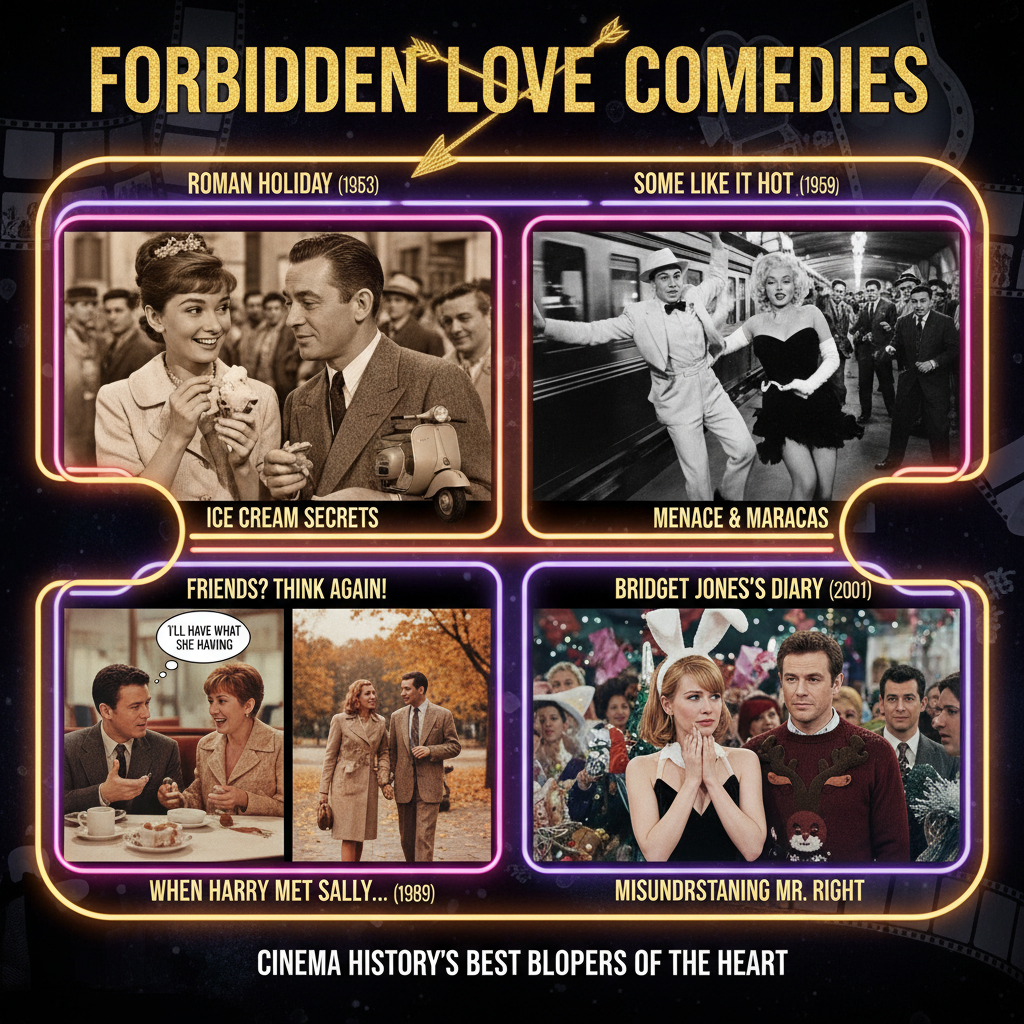 Montage of iconic forbidden love comedy moments from different eras, vibrant colors, cinema settings