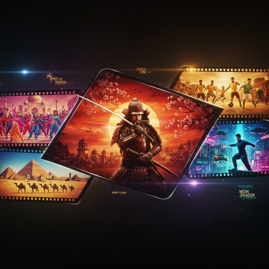 Montage of iconic movie scenes from different cultures, vibrant color grading, cinematic style