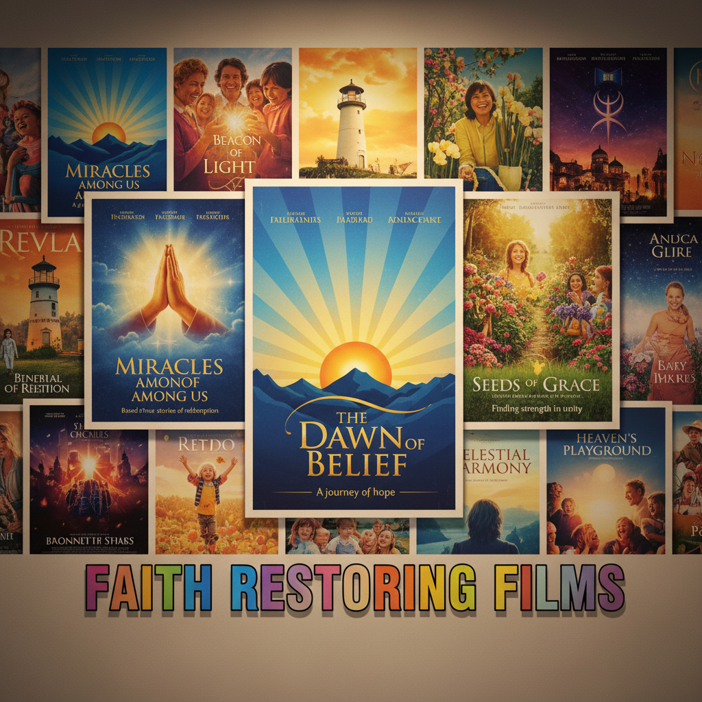 Wall of posters for new and classic faith-restoring films, inspiring ongoing exploration