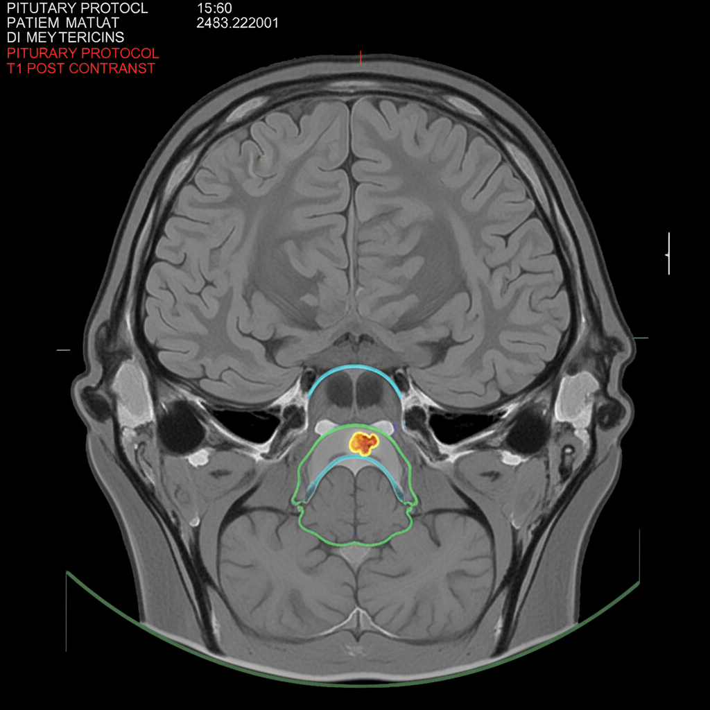 Zbliżenie na badanie MRI głowy z kontrastem na okolice przysadki, słowa kluczowe: diagnostyka, nadczynność przysadki, MRI