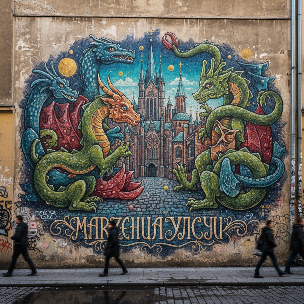 Mural wykonany kredkami na miejskiej ścianie, kolorowe kredki w street arcie