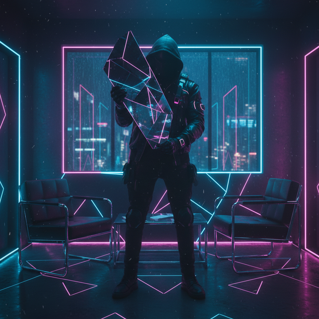 Mysterious protagonist staring at fractured mirror in neon-lit apartment, symbolizing modern twist ending movies