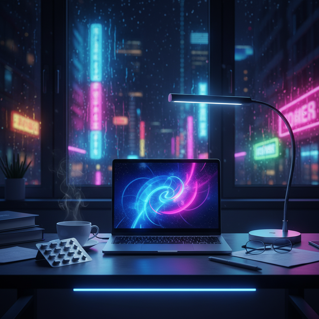 Biurko w polskim biurze nocą, laptop, blister z L-teaniną, kubek herbaty, neon za oknem