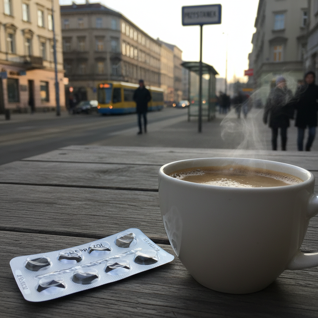 Blister z tabletkami omeprazolu na tle surowego blatu kuchennego, w ostrym świetle poranka