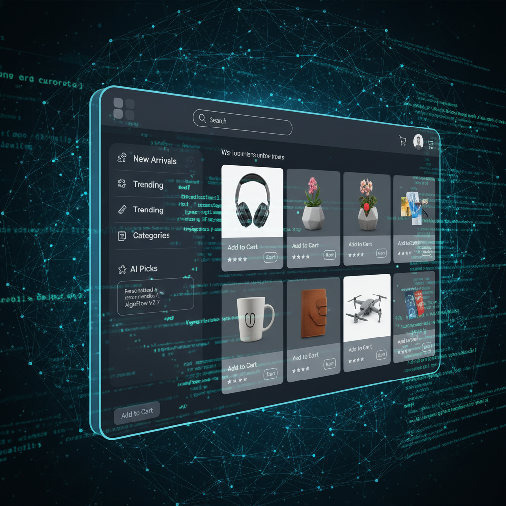 Nowoczesny interfejs sklepu internetowego z dynamicznymi rekomendacjami produktów, kodem algorytmu i różnorodnymi produktami — personalizacja wyników w e-commerce