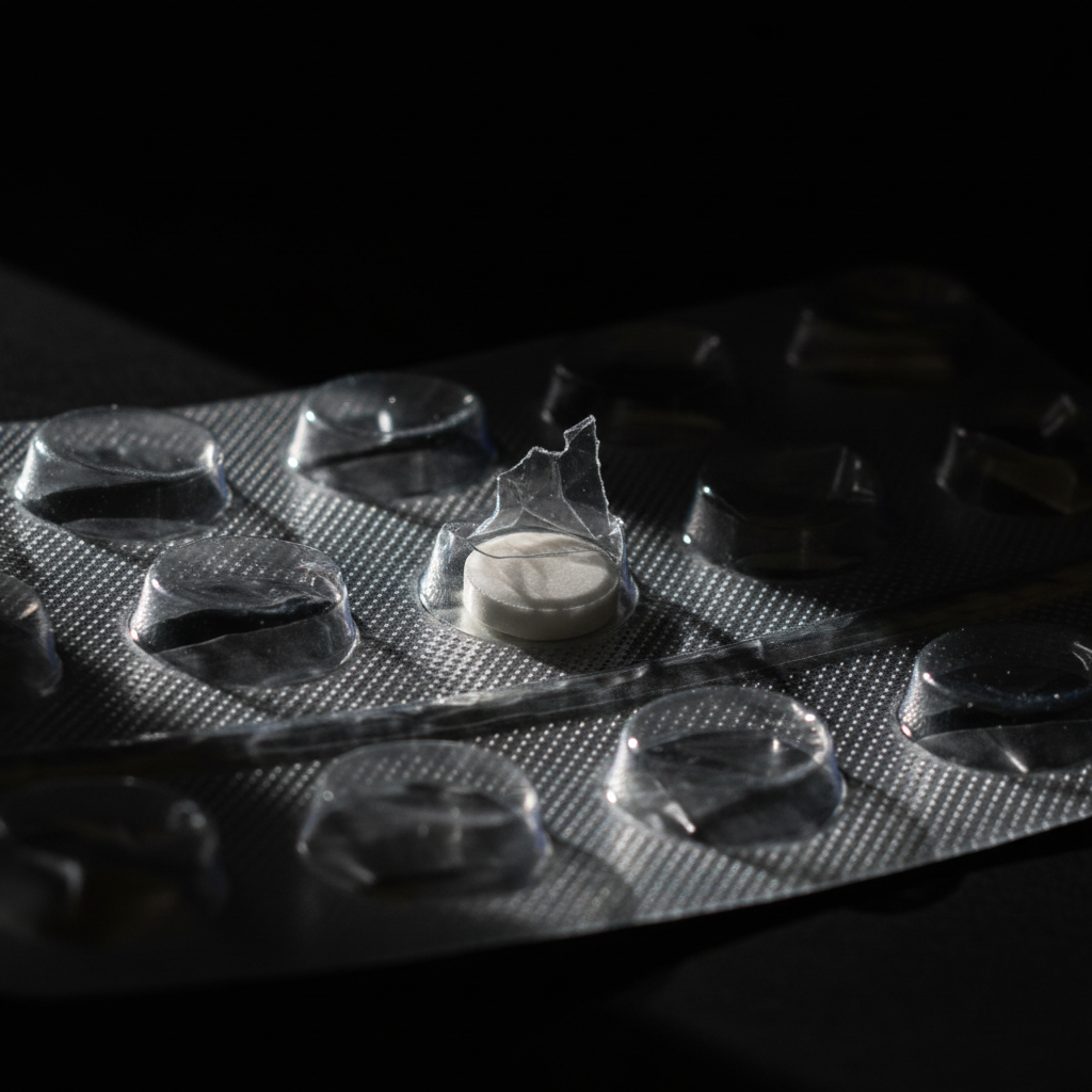 Pudełko tabletek z jedną pozostałą tabletką, dramatyczne światło, niepewność terapii