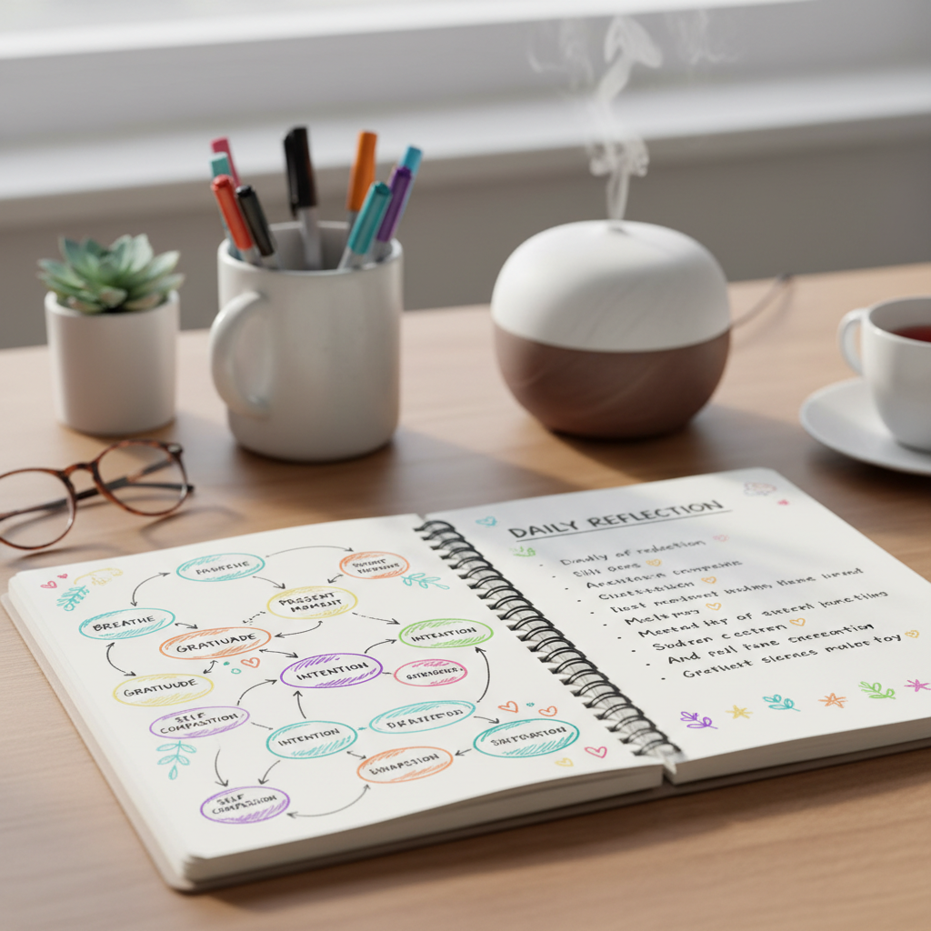 Overhead photo of home office with open notebook, diagrams, colored pens for mindfulness journaling triggers and patterns