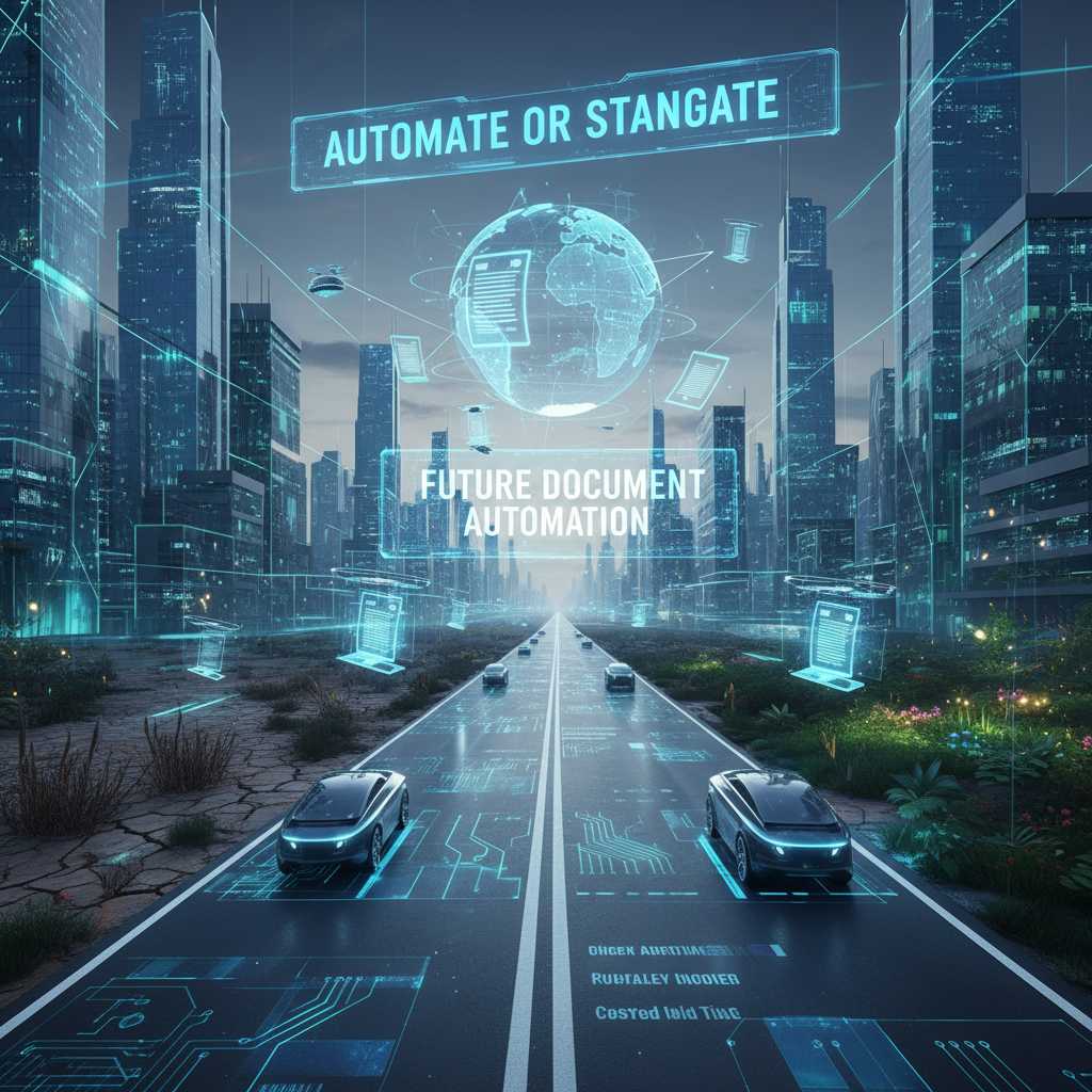 Deciding on the future of document automation: open road with a signpost reading 'Automate or stagnate?' at dusk