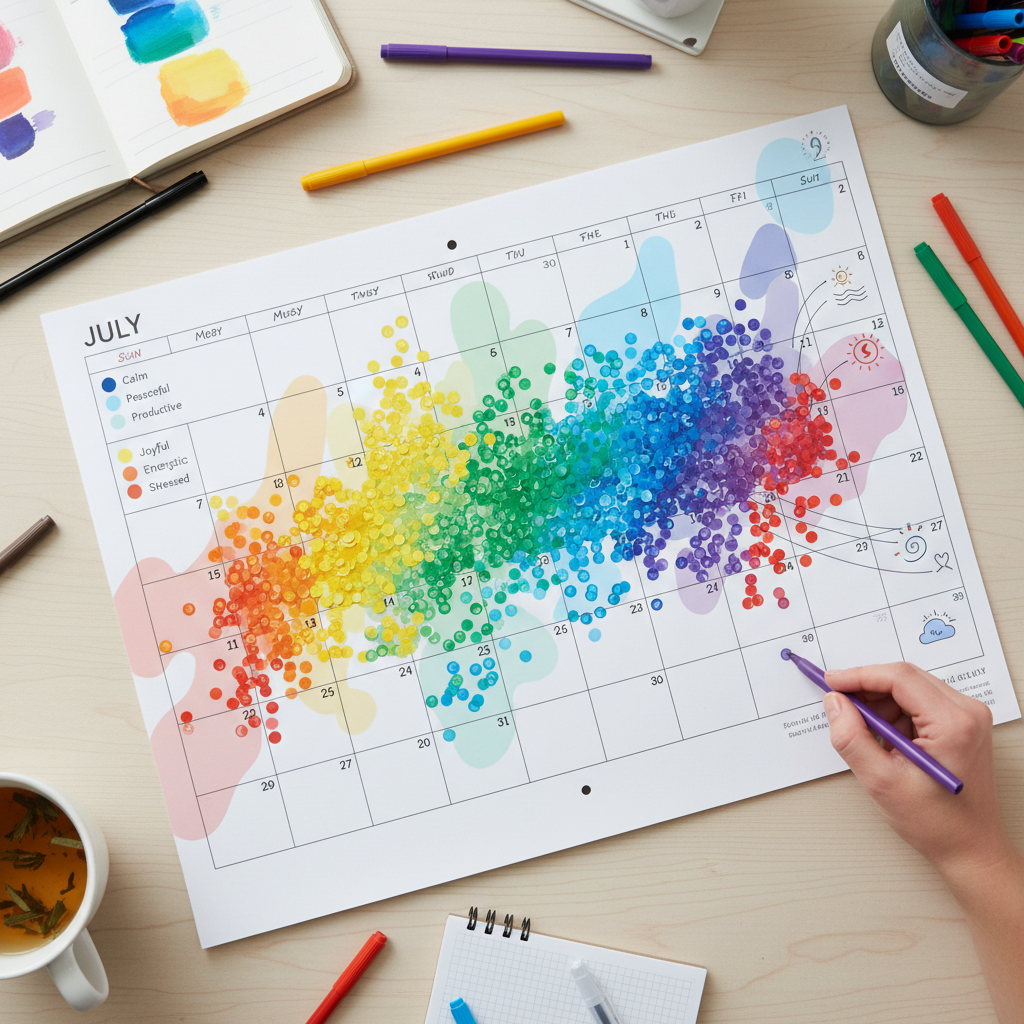 Calendar with mood color codes for emotional visualization