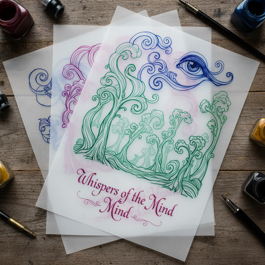 Journaling technique showing layered prompts, overlapping translucent journal pages, colored inks