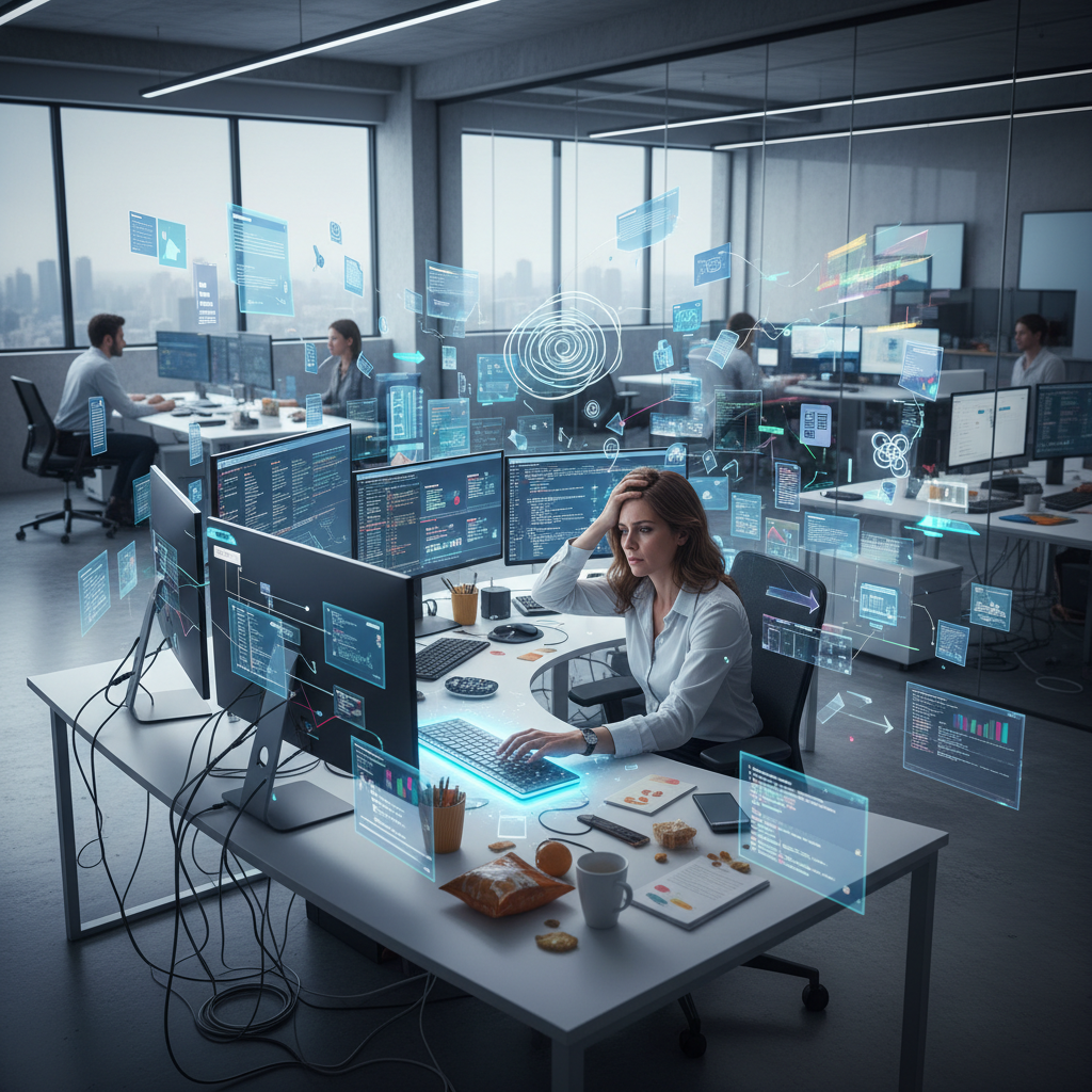 Overworked workflow coordinator sorting chaotic digital and paper documents under pressure, modern office, digital workflow management