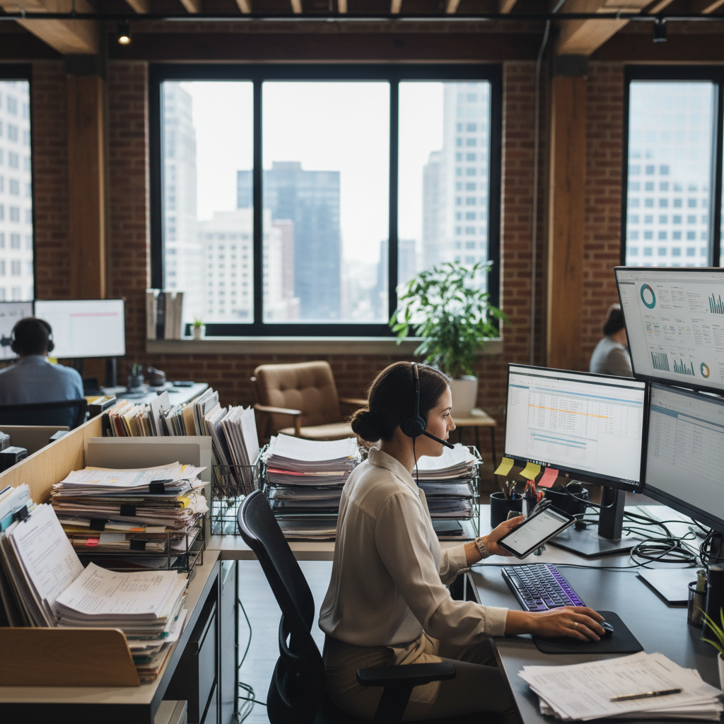 Hybrid workspace with paper stacks and glowing monitors, paperwork coordinator managing both digital and paper files, tense anticipation