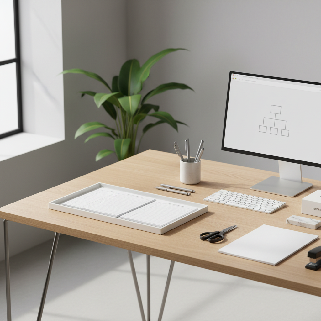 Minimalist paperwork coordinator desk with custom checklists, natural light, and organized paperwork tools