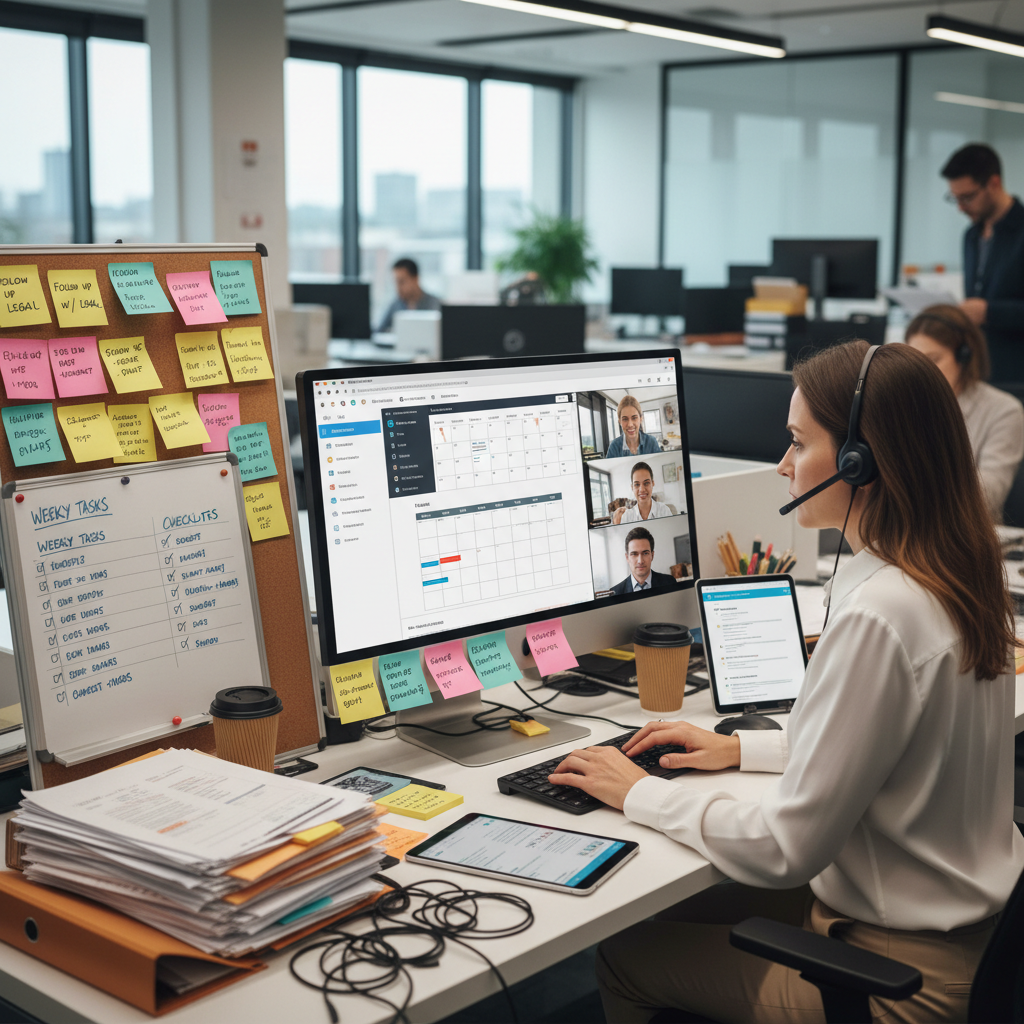 Organized productivity setup with digital collaboration tools, sticky notes, checklists for paperwork coordinator