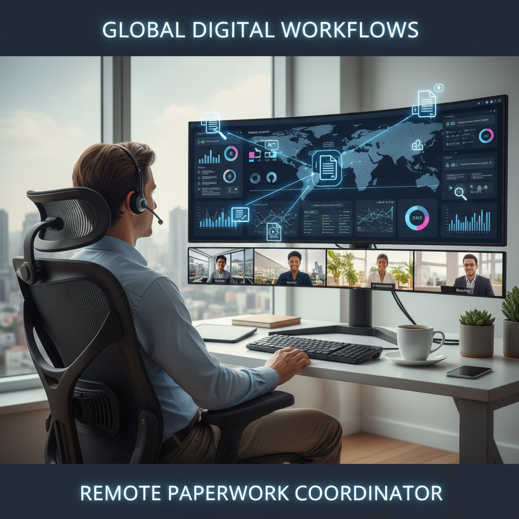Remote paperwork coordinator managing digital workflows across global teams, dynamic digital connection