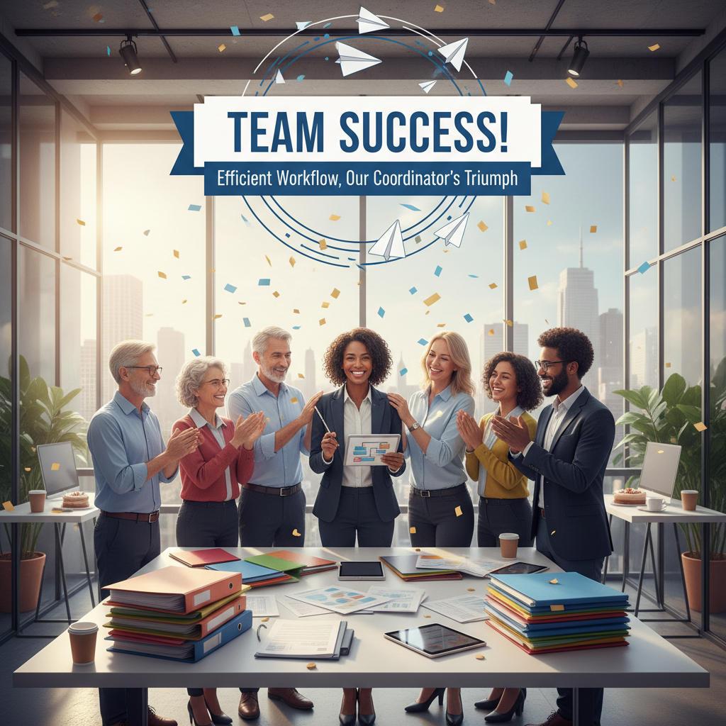 Diverse team celebrating paperwork workflow success, motivational and victorious mood