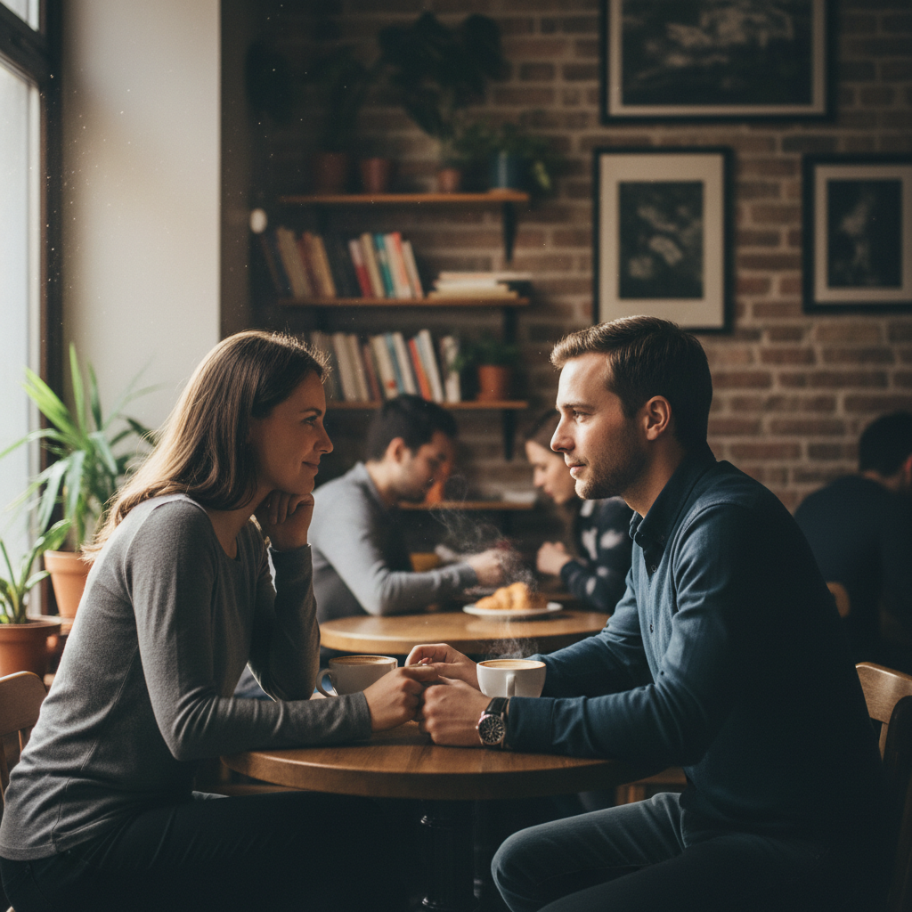 Partners practicing active listening, building relationship communication harmony in a quiet café