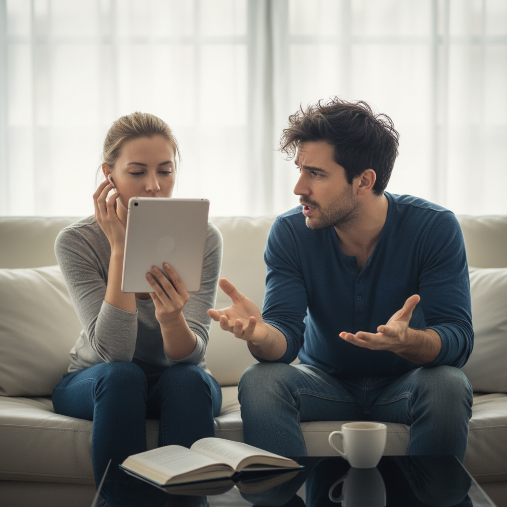 A person staring blankly while another talks, symbolizing passive listening in relationships