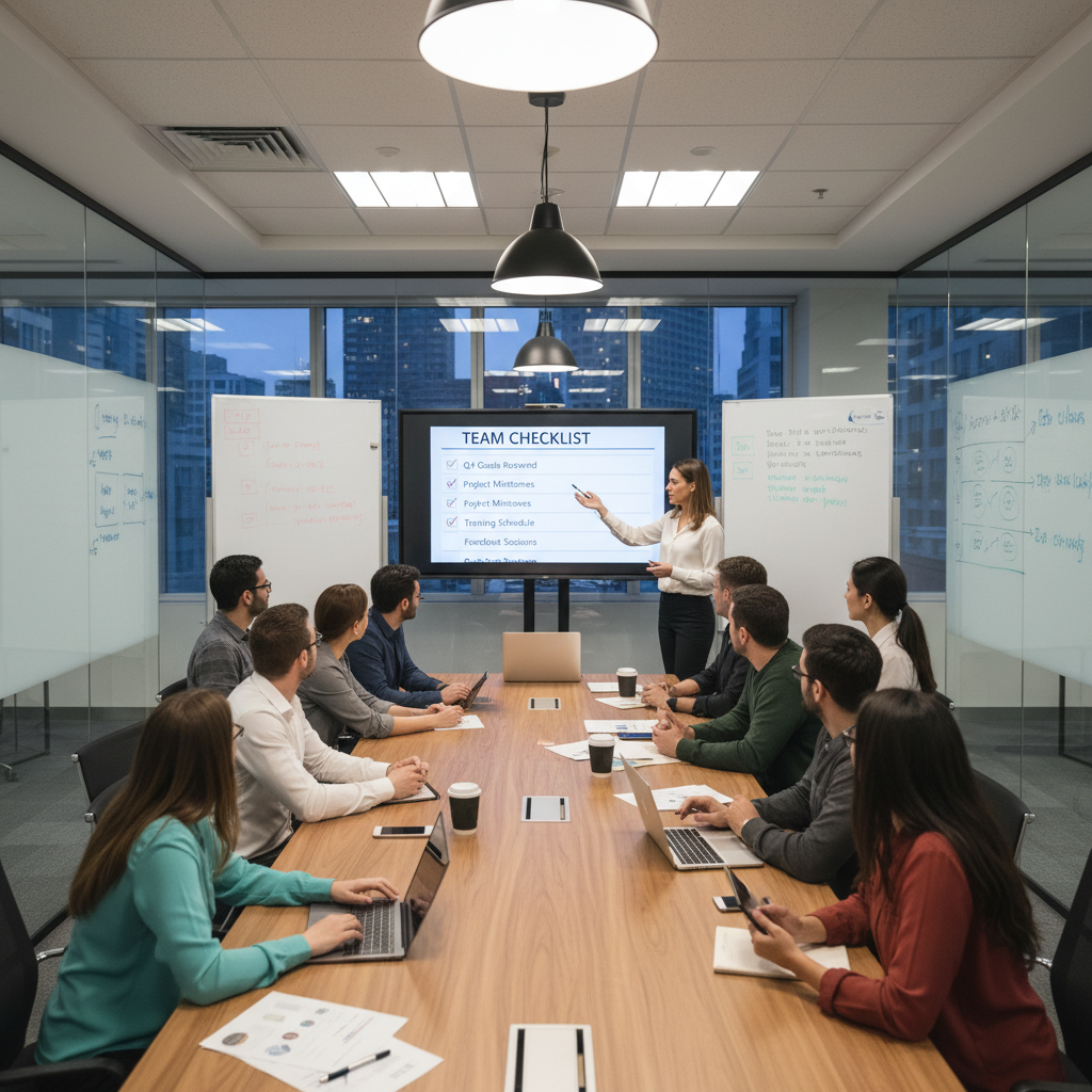 Photo of a performance coordinator holding a checklist during a team meeting, reinforcing self-assessment