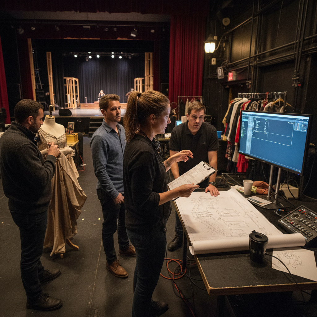 Photo of a performance coordinator backstage at a theater, managing a lively and creative team