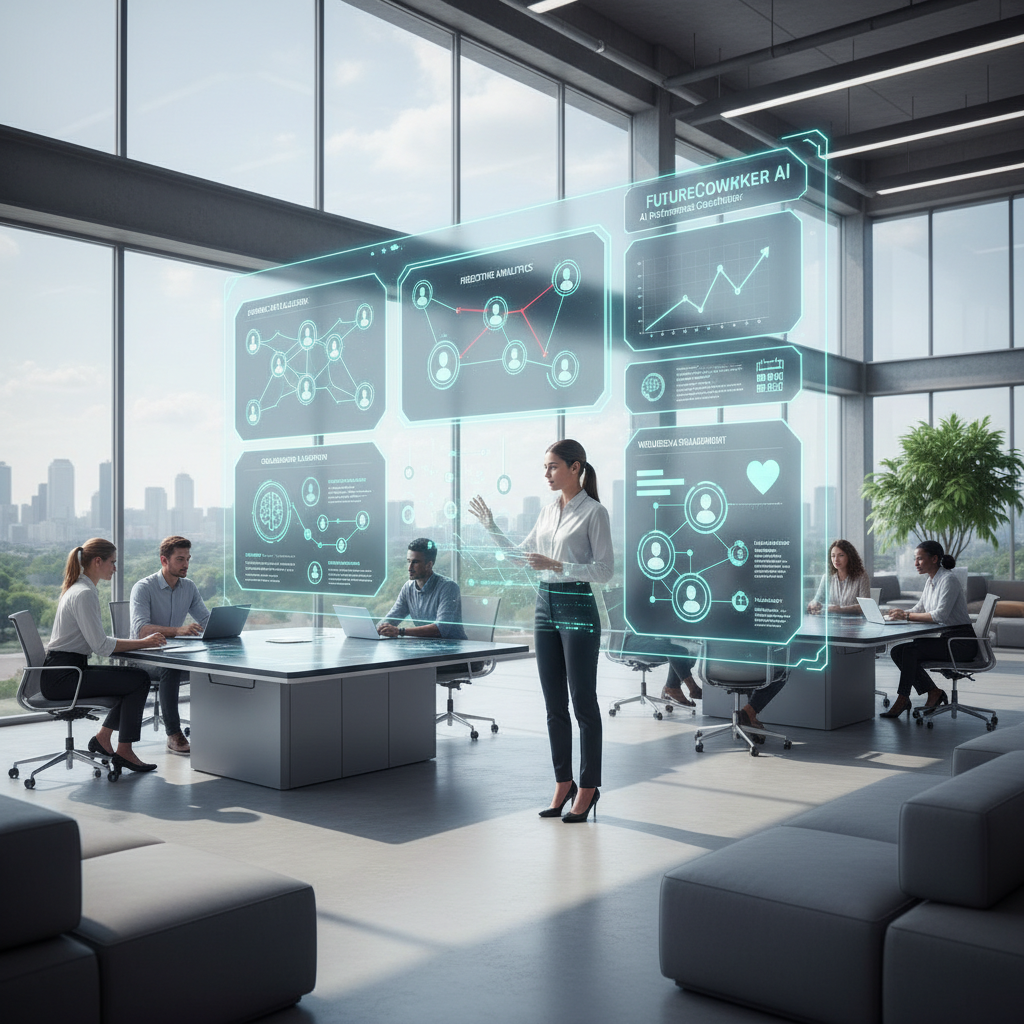 Photo of a performance coordinator using futurecoworker.ai on a laptop in a collaborative workspace