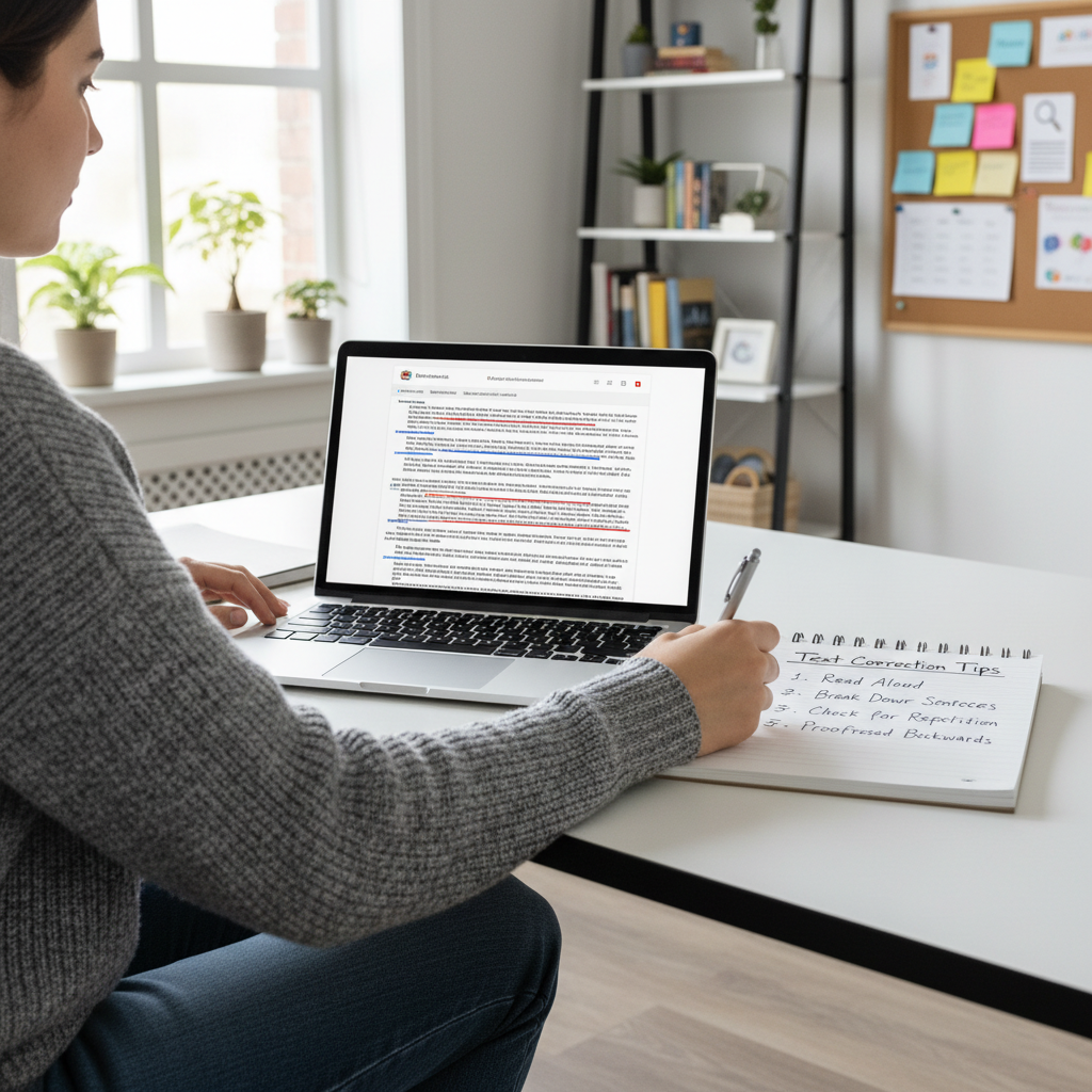 Osoba z checklistą i laptopem, w tle tablica z notatkami - praktyczne wskazówki do korekty online