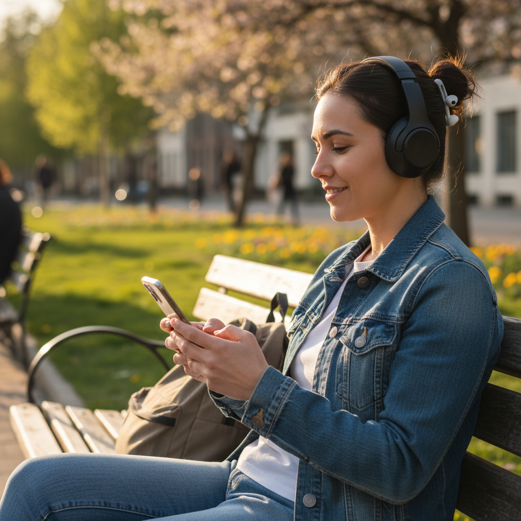 Osoba słuchająca muzyki przez słuchawki z telefonem w dłoni
