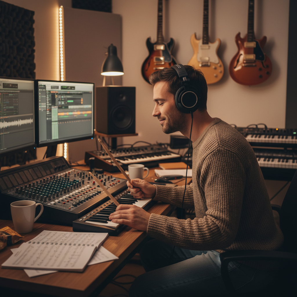 Osoba słuchająca muzyka w domowym studio, skupienie i pasja na twarzy