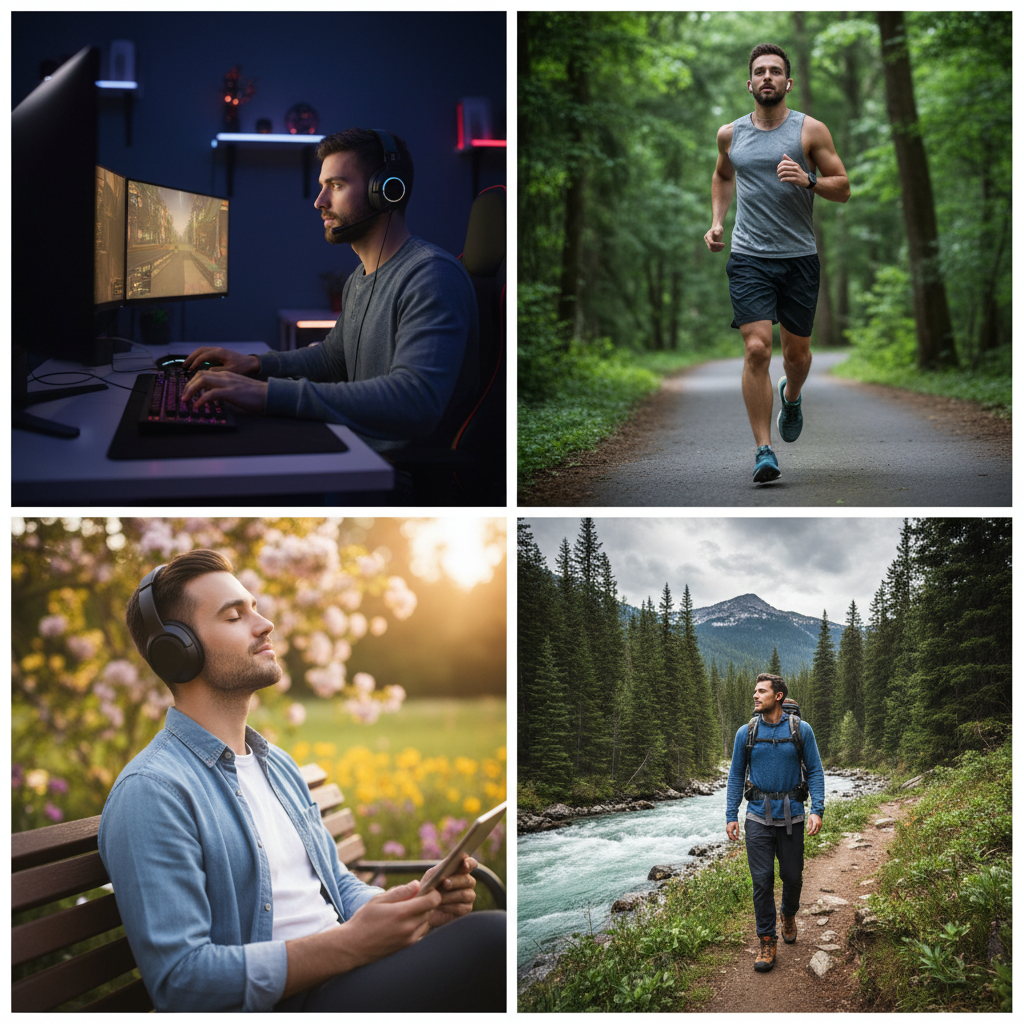 Różne sposoby radzenia sobie ze stresem zestawione obok siebie: gaming, sport, muzyka, spacery
