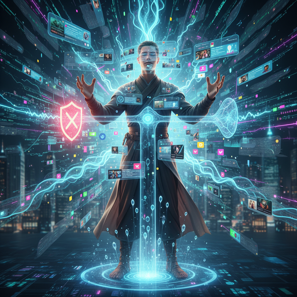 Osoba zanurzona w cyfrowym chaosie danych, a wokół niej przepływające strumienie informacji, symbolizujące filtry treści