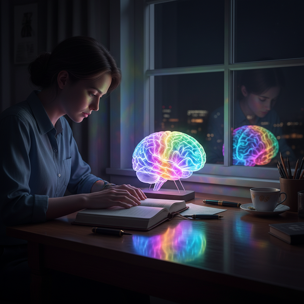 Neuroscience concept photo: person journaling, colored lights symbolizing brain activity