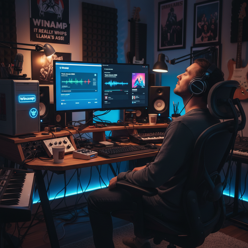 Osoba słuchająca muzyki na komputerze w domowym studio, symbol przejścia od Winampa do streamingu AI