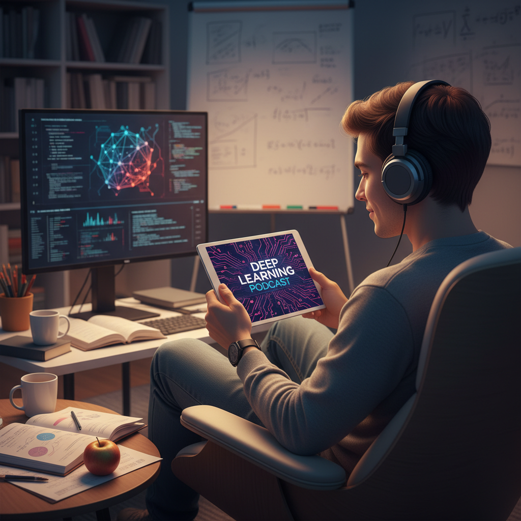 Osoba słuchająca podcastu edukacyjnego, zanurzona w naukę podczas spaceru