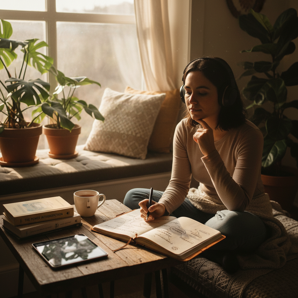 Person reflecting during a podcast session about relationships