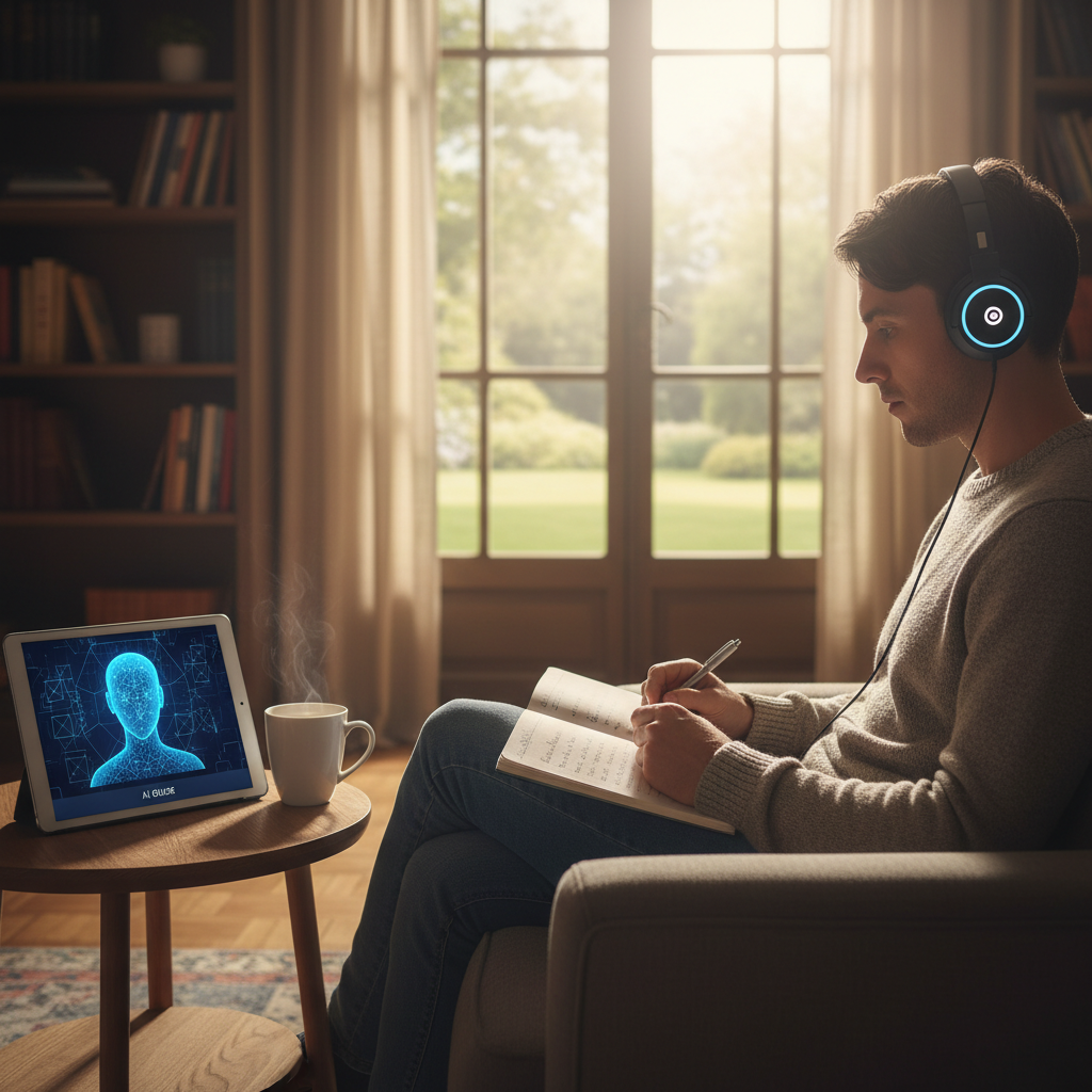 Osoba słuchająca podcastu edukacyjnego, otwarte notatki i tablet z przewodnikiem AI