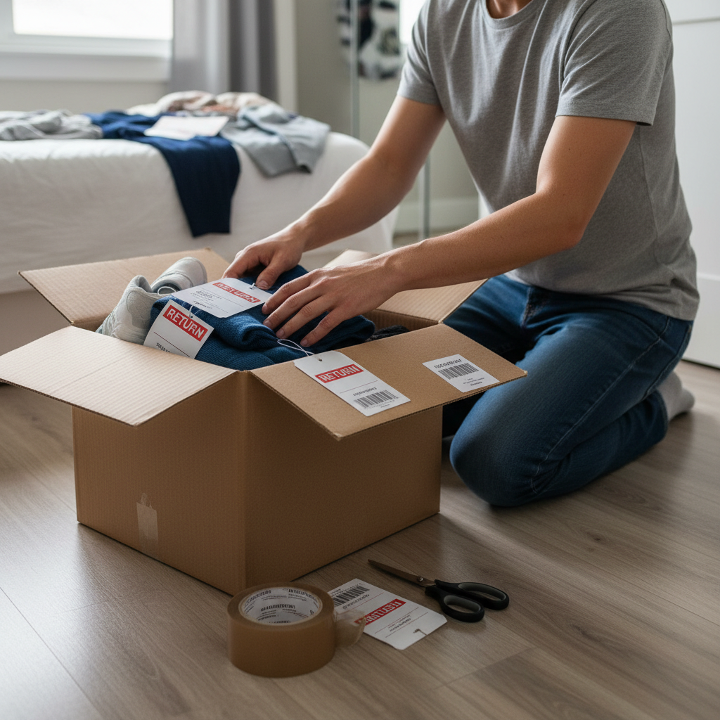 Osoba pakująca produkt do zwrotu, skupiona twarz, karton, metki, zwrot towaru