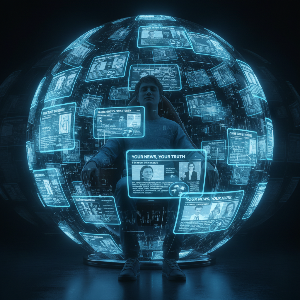 Osoba otoczona ekranami wyświetlającymi te same informacje, symbolizująca bańkę informacyjną.