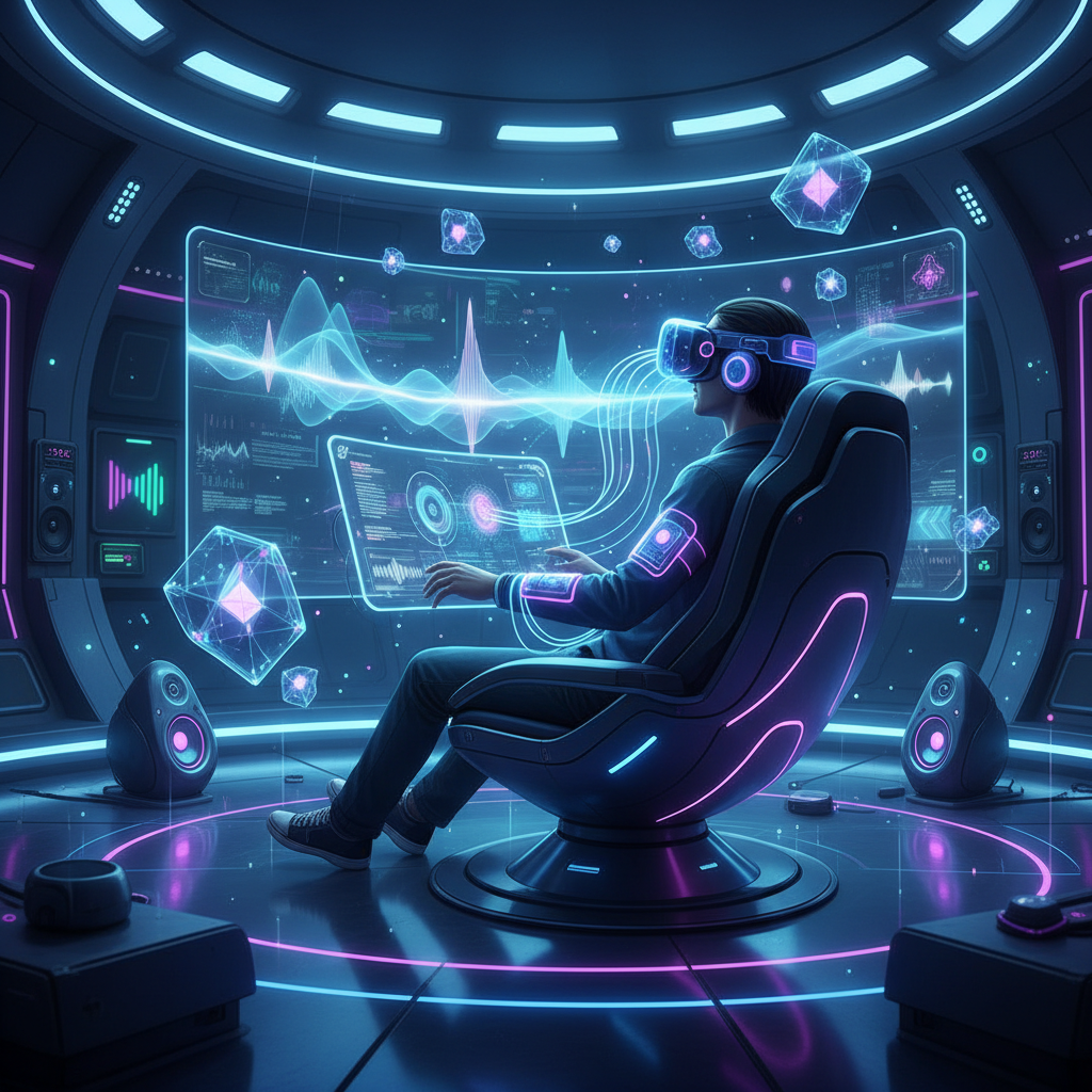 Osoba korzystająca z nowoczesnych słuchawek VR w futurystycznym wnętrzu, słuchająca muzyki online, zaawansowane technologie