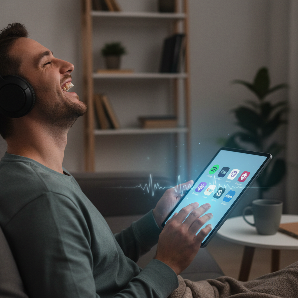 Podcast listener laughing with streaming service open, comedy movie podcast, cinema entertainment