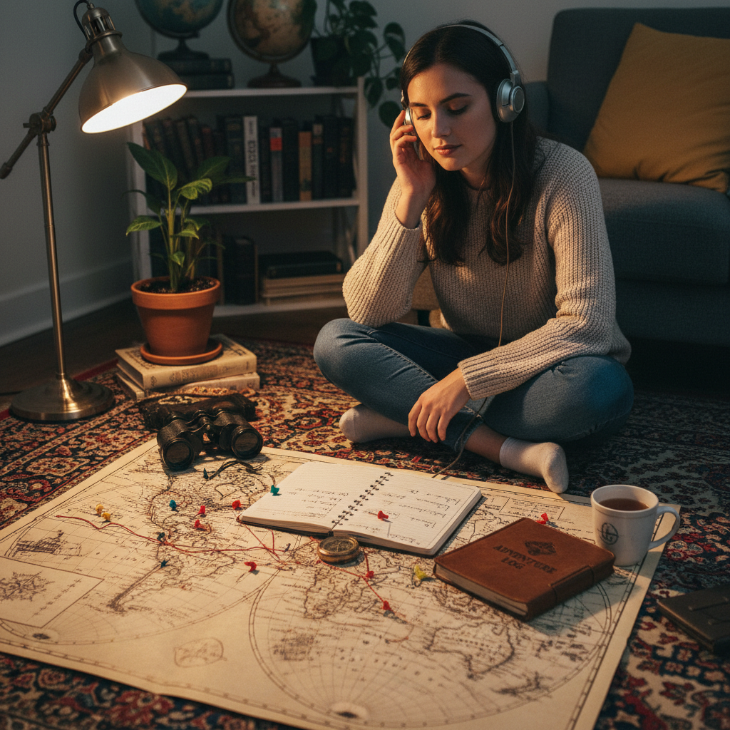 Słuchacz podcastu podróżniczego z mapą i notatnikiem – nowoczesne źródło inspiracji