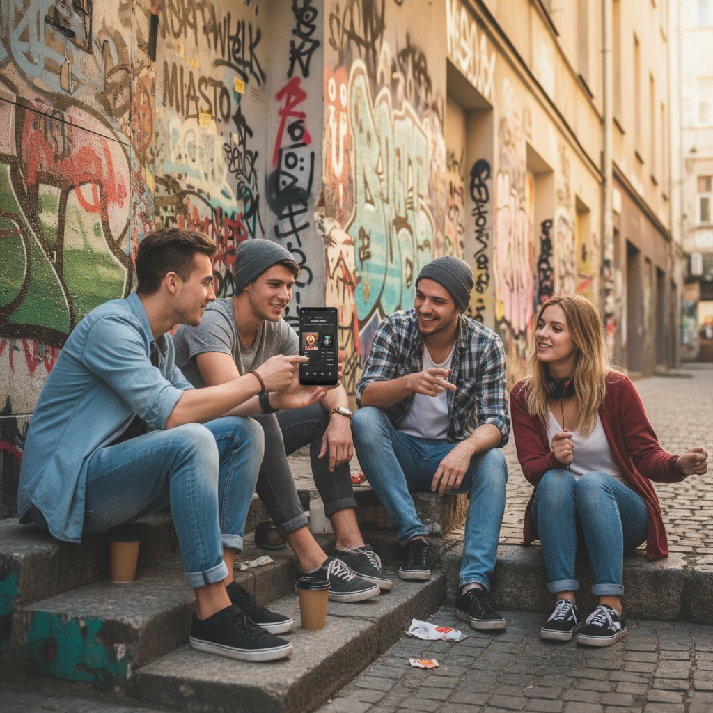 Polska grupa znajomych słuchająca muzyki, dzieląca się playlistą na smartfonie, w tle lokalne graffiti