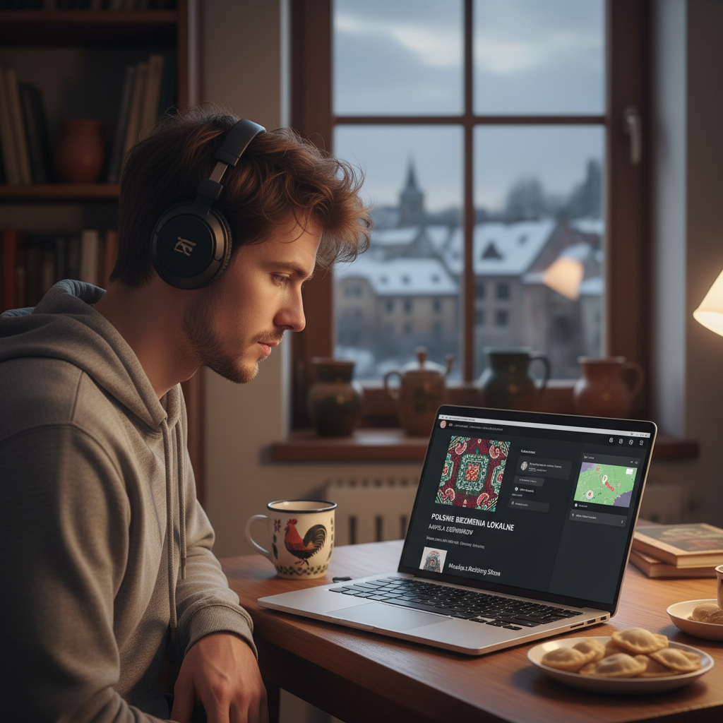 Młoda osoba przeglądająca playlisty na laptopie, obok flagi Polski i logo Spotify