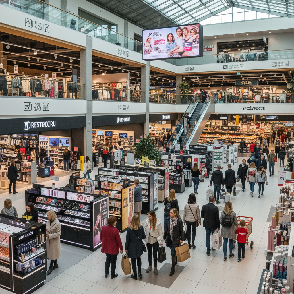Polscy konsumenci analizujący oferty różnych kategorii w nowoczesnym centrum handlowym