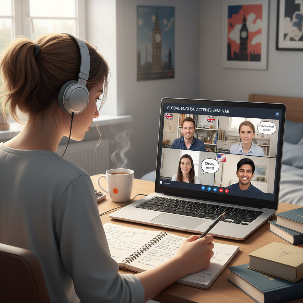 Polski uczeń słuchający z uwagą różnych akcentów angielskiego podczas konwersacji online